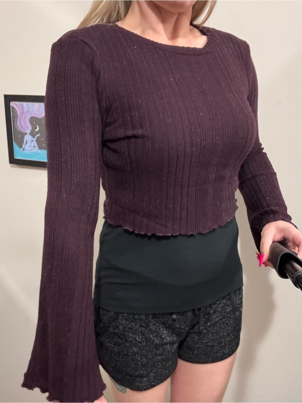 SHEIN Ribbed Long-Sleeve Crop Top in Plum